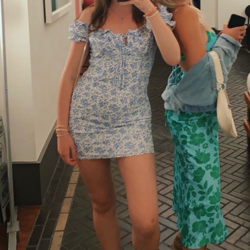 Kiss the Sky Blue and White Floral Off-Shoulder ruched mini Dress